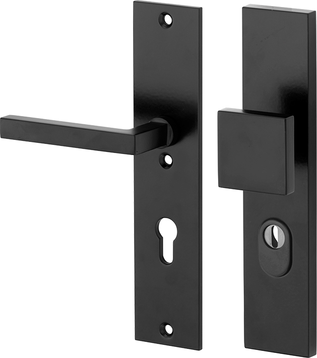 312.0080.07 Garniture de porte d'entrée à plaque longue style années 20 Bouton/cliquet avec protection anti-arrachement du noyau Laiton revêtu par poudre noir 72L