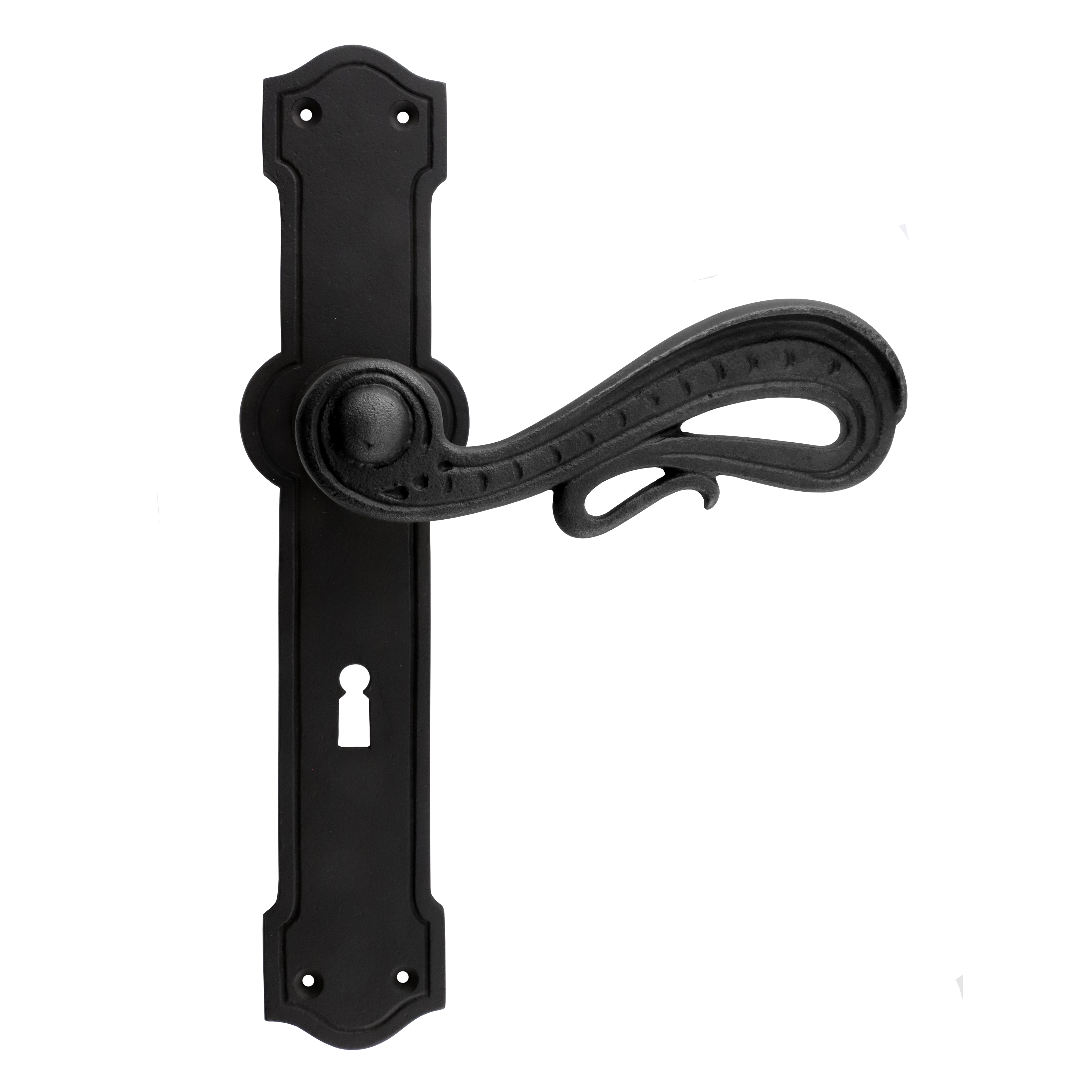 322.0107.70 Poignées de porte avec plaque longue baroque fer noir 322.0107.70 Poignées de porte avec plaque longue baroque fer noir