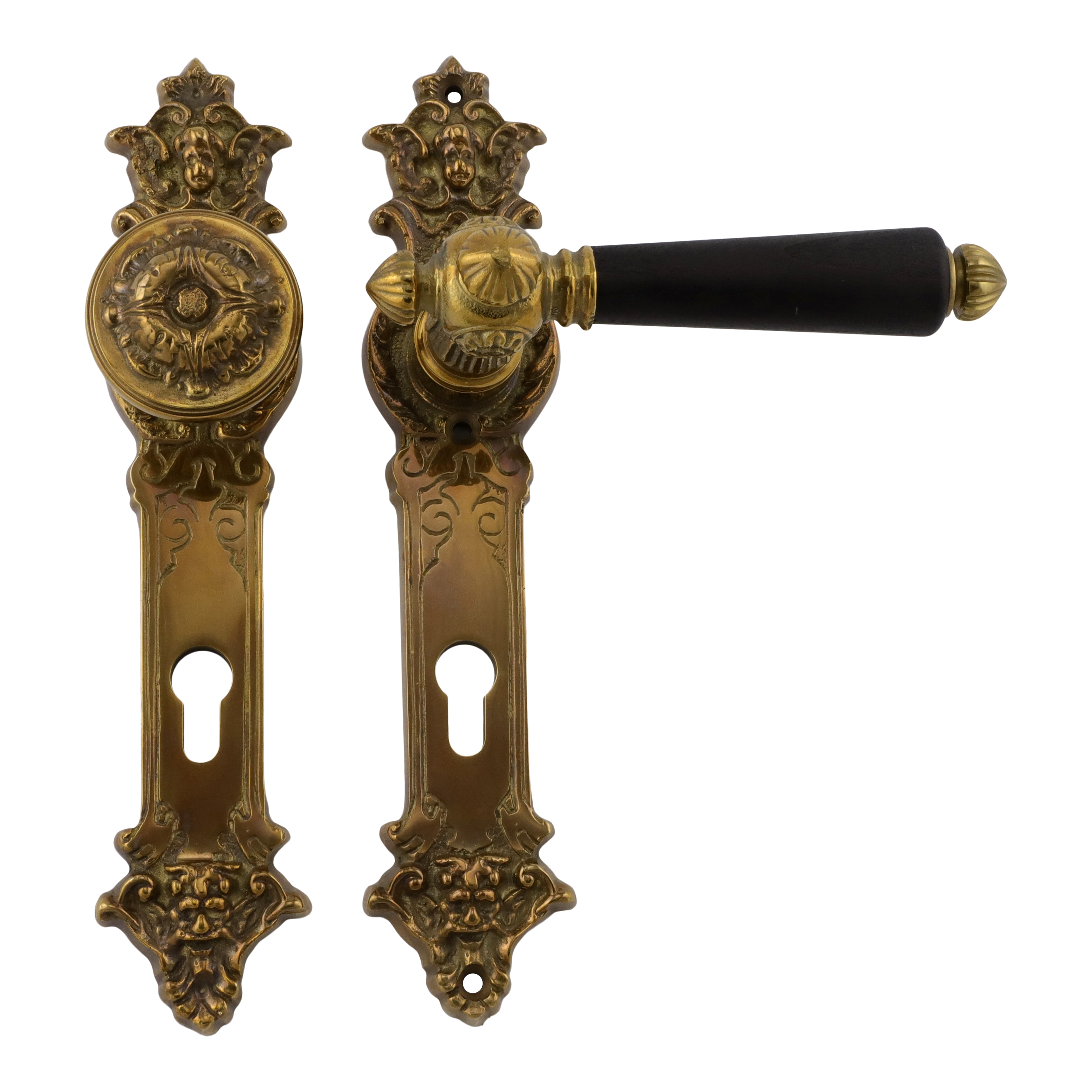 312.0021.45 Garniture de porte d'entrée avec poignée et pommeau Gründerzeit laiton patiné PZ 92 mm