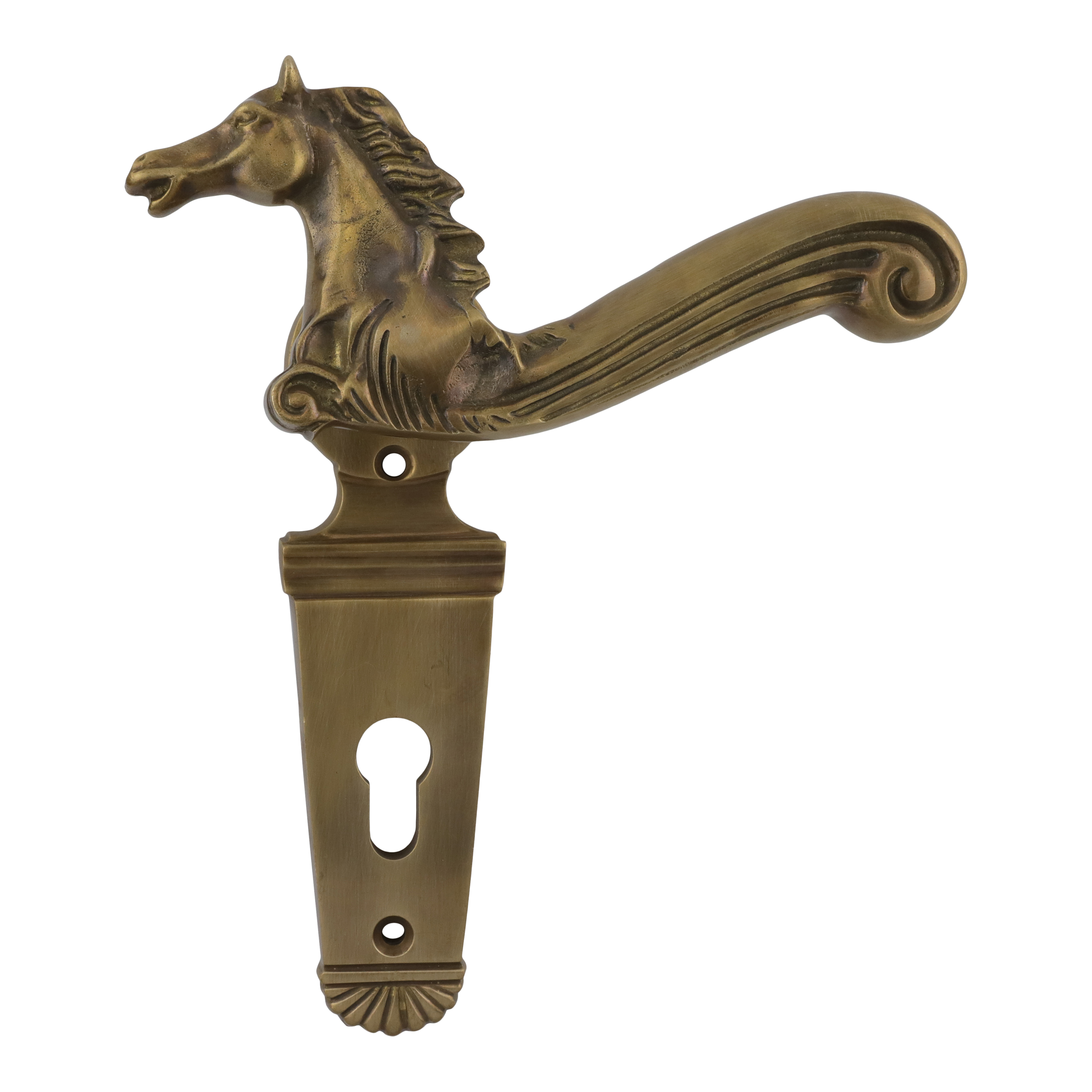 312.0033.45 Garniture de porte d'entrée tête de cheval laiton patiné PZ 92 mm DIN droite