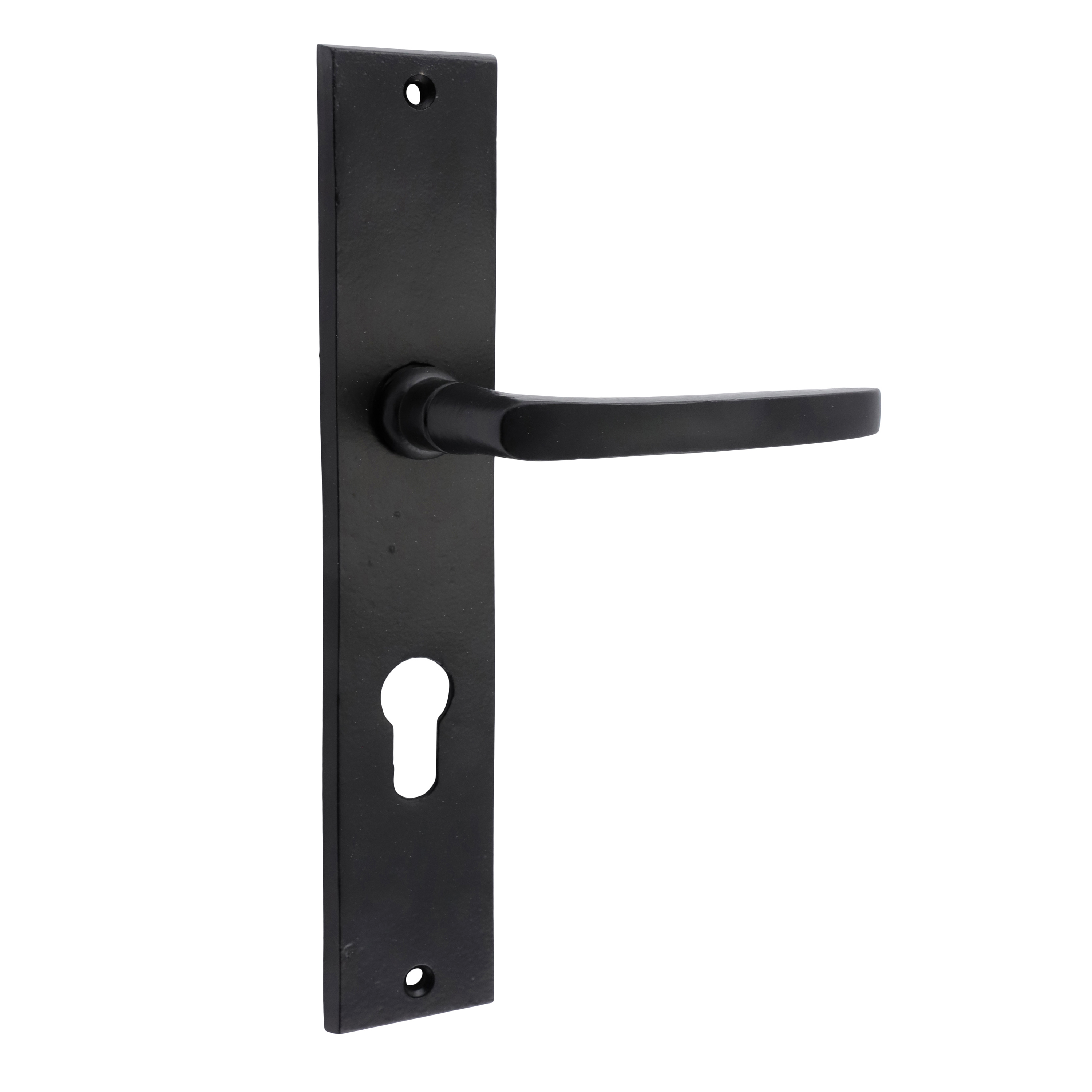 322.0112.70 Poignées de porte avec plaque longue PZ années 20 fer noir pour cylindre profilé 72 mm 322.0112.70 Poignées de porte avec plaque longue PZ années 20 fer noir pour cylindre profilé 72 mm