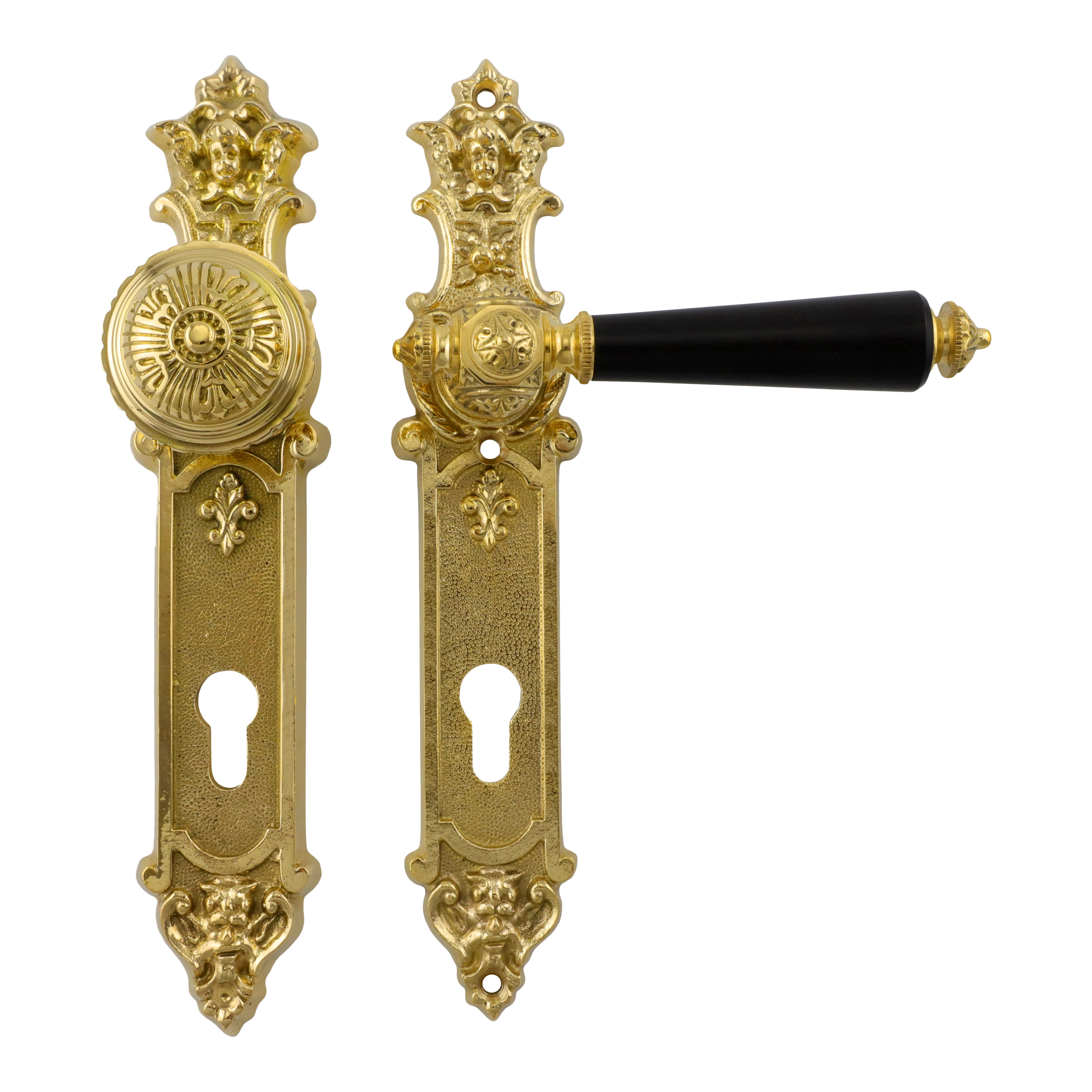 312.0041.35 Garniture de porte d'entrée avec poignée et pommeau Gründerzeit laiton poli PZ 92 mm