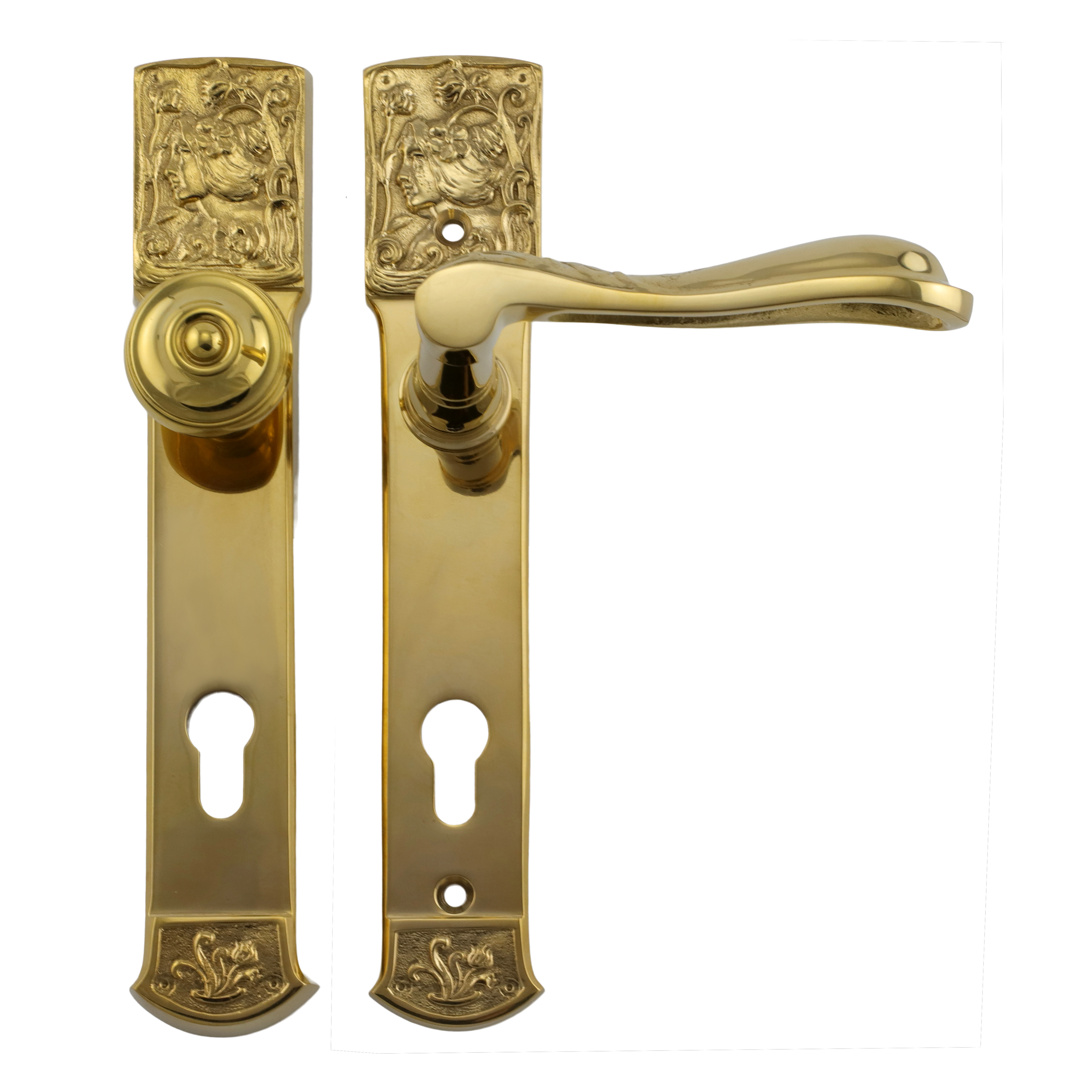 312.0018.35 Garniture de porte d'entrée Poignées avec bouton laiton poli Art Nouveau DIN droite