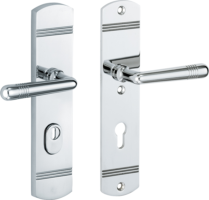 312.0099.12 Porte d'entrée Garniture de plaque longue style Art Nouveau poignée/cliquet avec protection anti-arrachage de noyau laiton chromé poli PZ 72 mm DIN droite 312.0099.12 Porte d'entrée Garniture de plaque longue style Art Nouveau poignée/cliquet avec protection anti-arrachage de noyau laiton chromé poli PZ 72 mm DIN droite