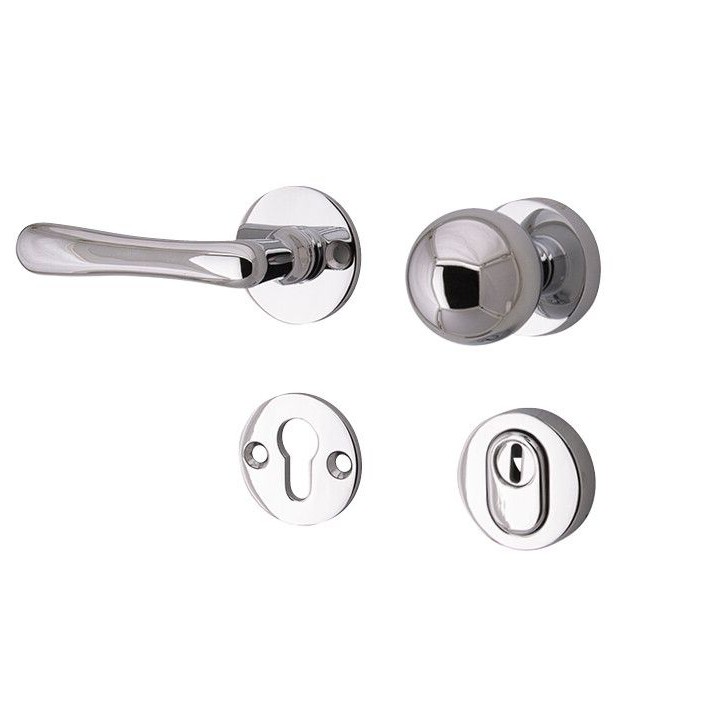 311.0025.35 Porte d'entrée Garniture rosette bouton/cliquet avec protection anti-arrachage de noyau laiton poli, DIN gauche